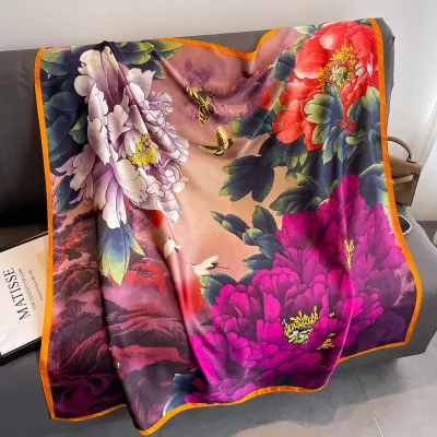 Women Fashion Printed Large Square Silk-Like Scarf 110x110