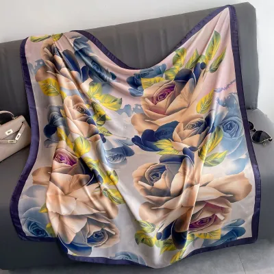 Women Fashion Printed Large Square Silk-Like Scarf 110x110