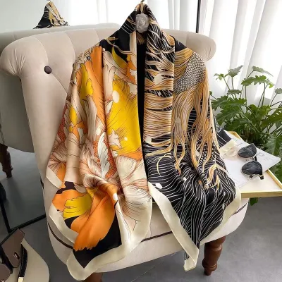 Women Fashion Printed Large Square Silk-Like Scarf 110x110