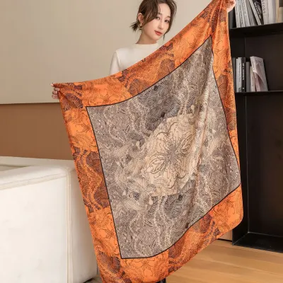 Women Fashion Printed Large Square Silk-Like Scarf 110x110