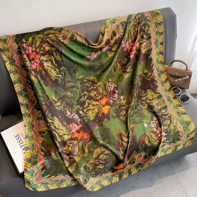 Women Fashion Printed Large Square Silk-Like Scarf 110x110