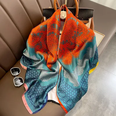 Women Fashion Printed Large Square Silk-Like Scarf 110x110
