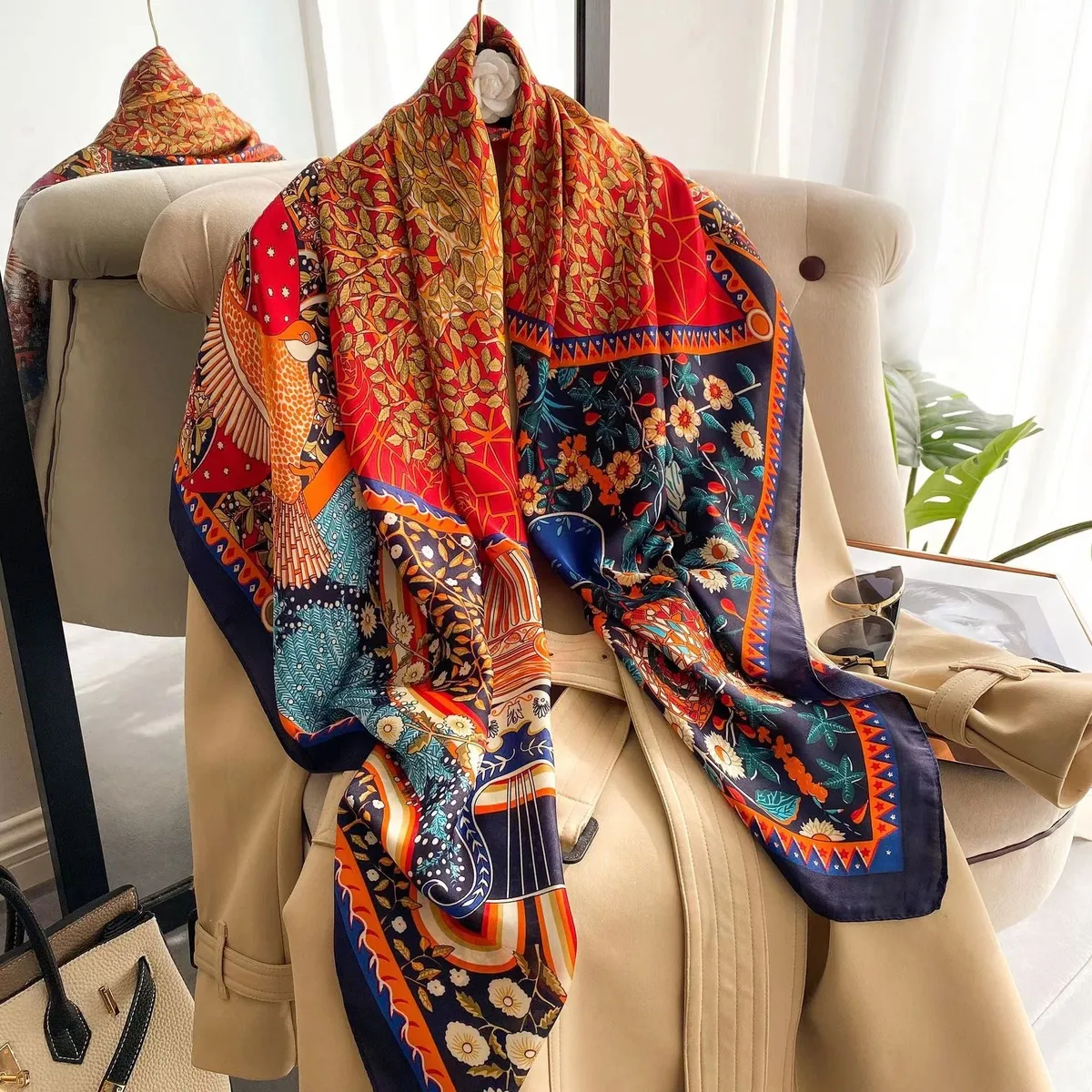 Women Fashion Printed Large Square Silk-Like Scarf 110x110