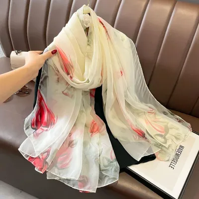 Women Fashion Elegant Printed Sunscreen Polyester Silk Scarf