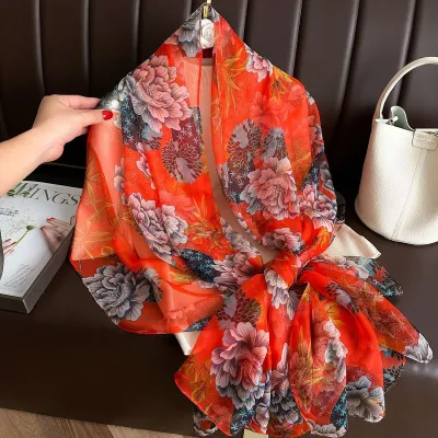 Women Fashion Elegant Printed Sunscreen Polyester Silk Scarf