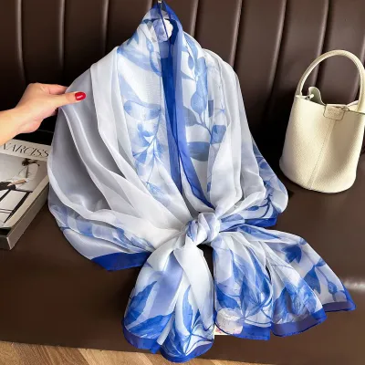 Women Fashion Elegant Printed Sunscreen Polyester Silk Scarf