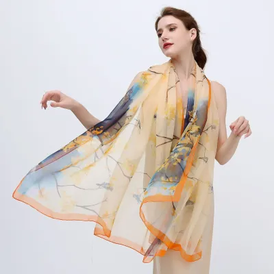 Women Fashion Elegant Printed Sunscreen Polyester Silk Scarf