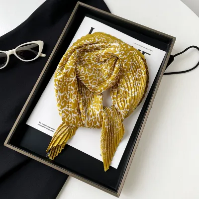 Women Fashion Leopard Printed Satin Pleated Square Scarf