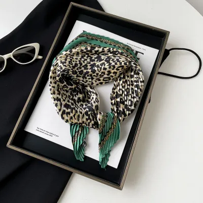 Women Fashion Leopard Printed Satin Pleated Square Scarf