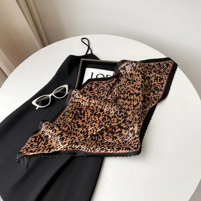 Women Fashion Leopard Printed Satin Pleated Square Scarf