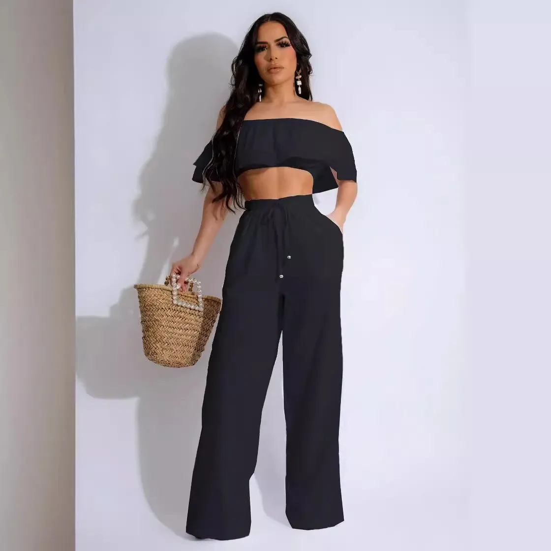 Women Casual Ruffled Off Shoulder Crop Top Drawstring Pants Two-Piece Set