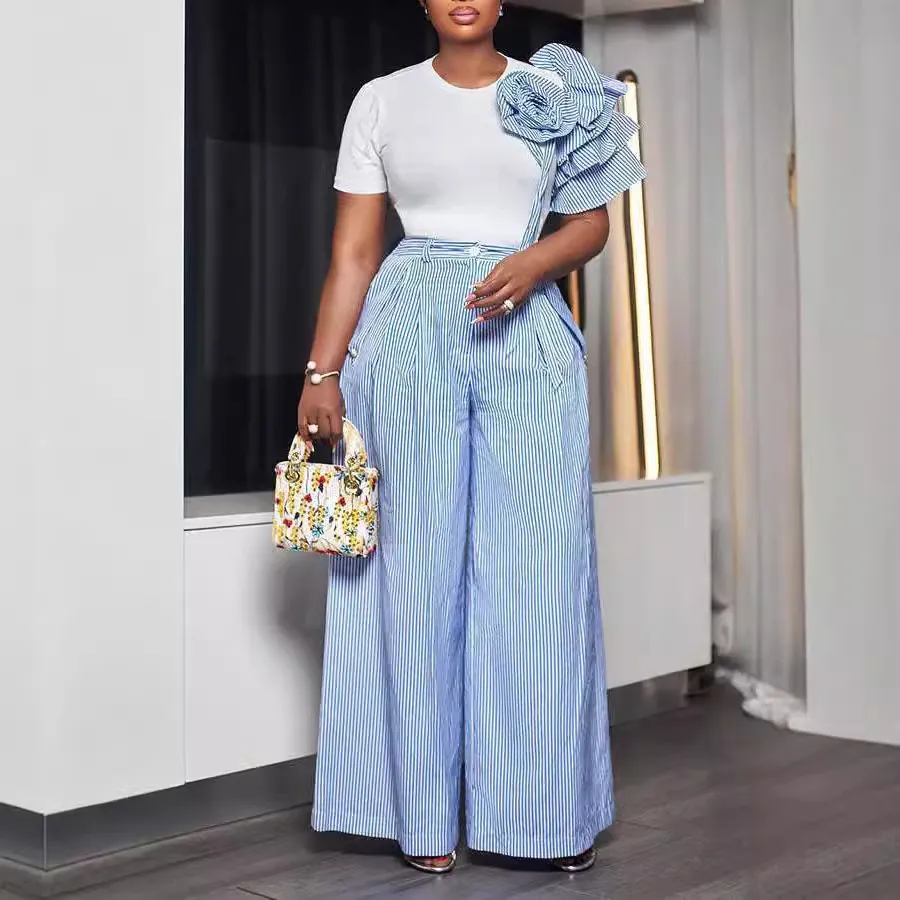 Women's Floral Stripe Short-Sleeved Top Wide-Leg Pants Set