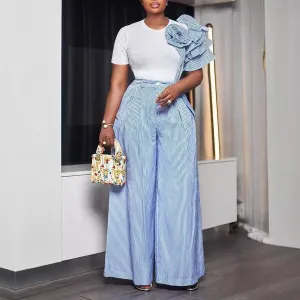 Women's Floral Stripe Short-Sleeved Top Wide-Leg Pants Set