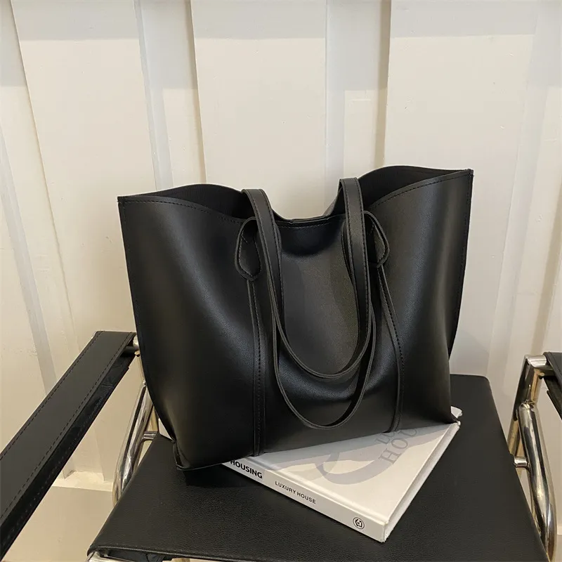 Women Fashion Simple Solid Color Large Capacity Tote Shoulder Bag