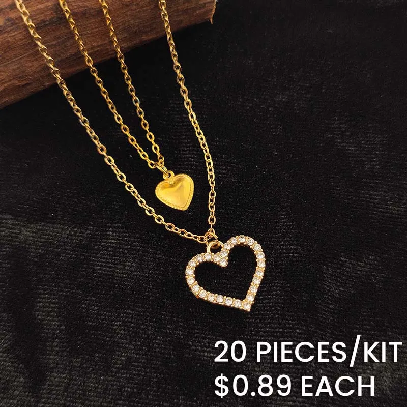 Chic Rhinestone Hollow Heart Pendant Double Layer Steel Chain Necklace