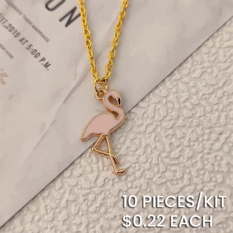 Summer Ocean Enameled Pink Flamingo Pendant Chain Necklace