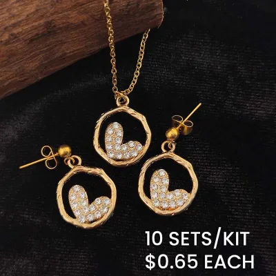 Chic Rhinestone Alloy Heart Pendant Stainless Steel Chain Necklace Earrings Set