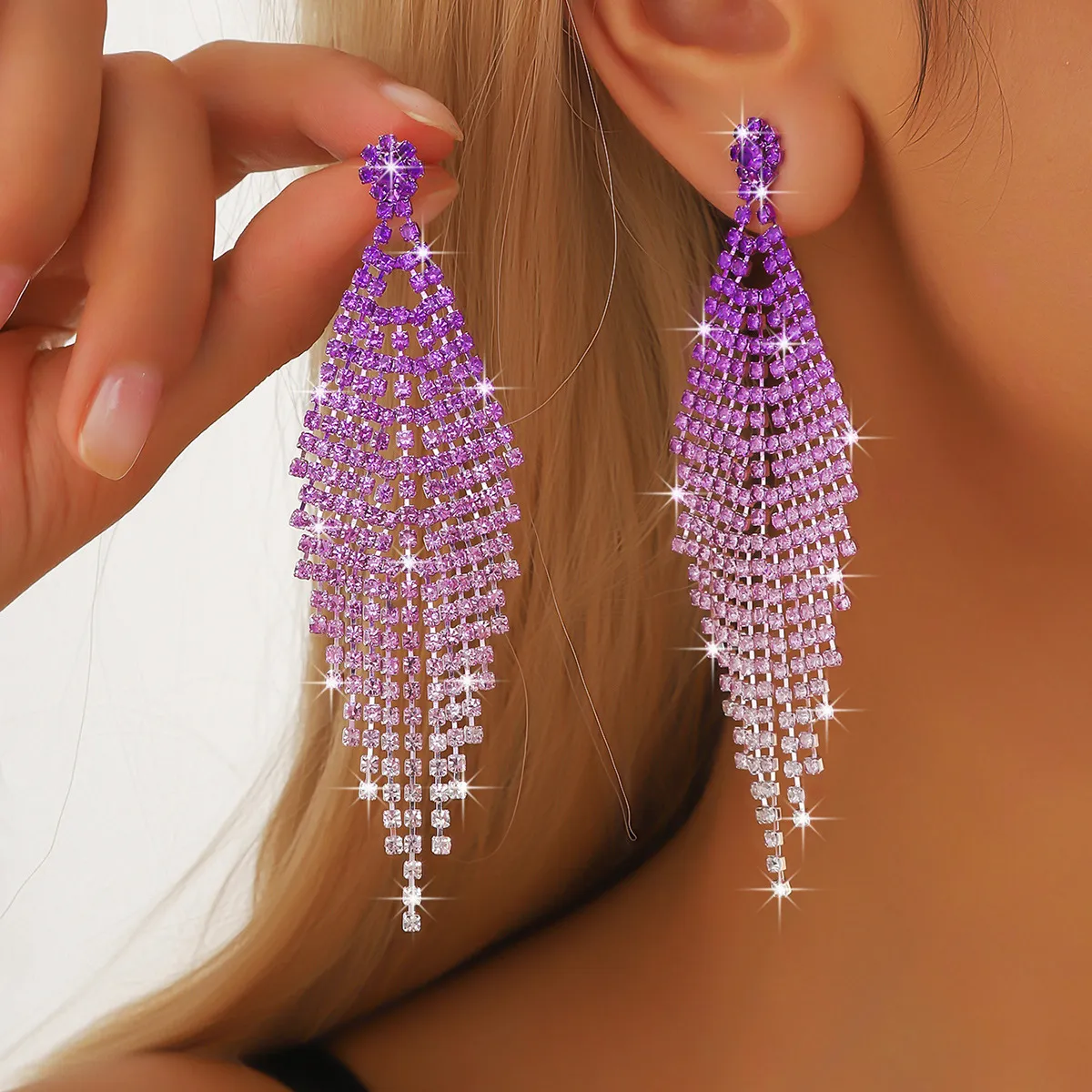 Fashion Gradient Rhinestone Tassel Earrings Simple Geometric