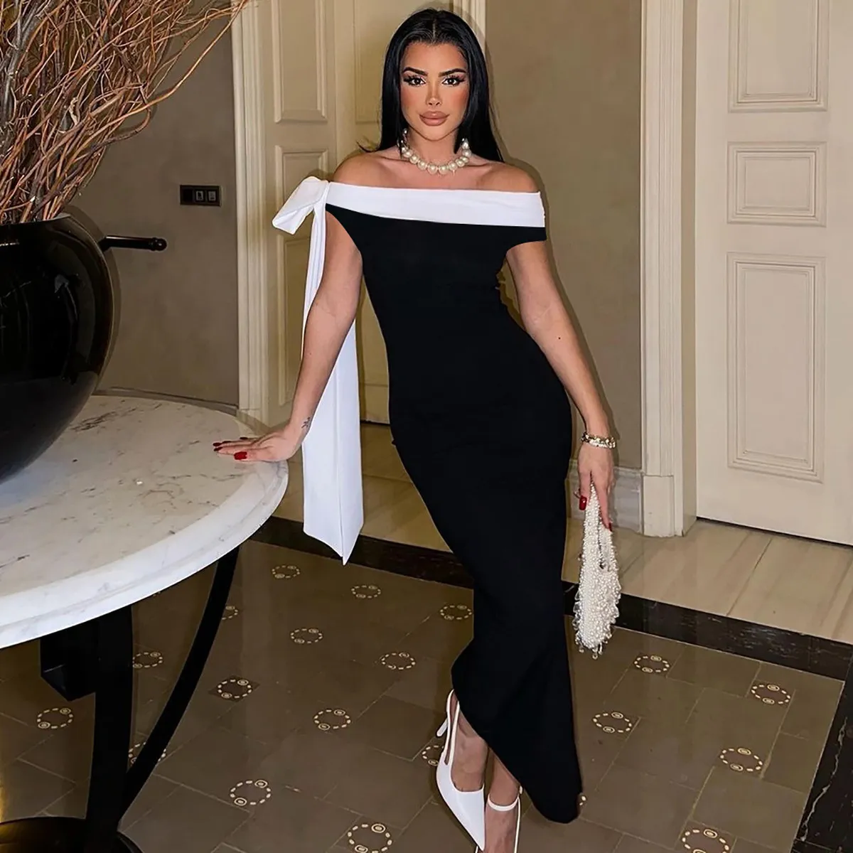 Women Elegant Off-Shoulder Ribbon Bodycon Maxi Dress