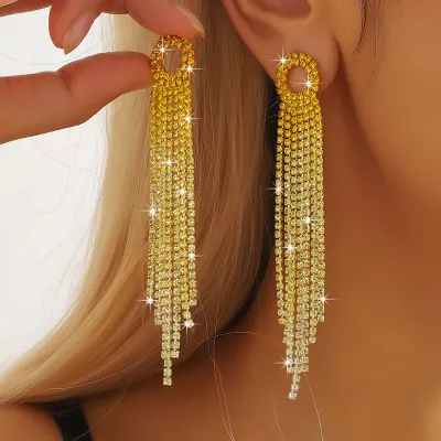 Fashion Elegant Gradient Rhinestone Tassel Drop Earrings