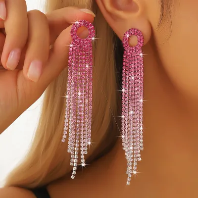 Fashion Elegant Gradient Rhinestone Tassel Drop Earrings