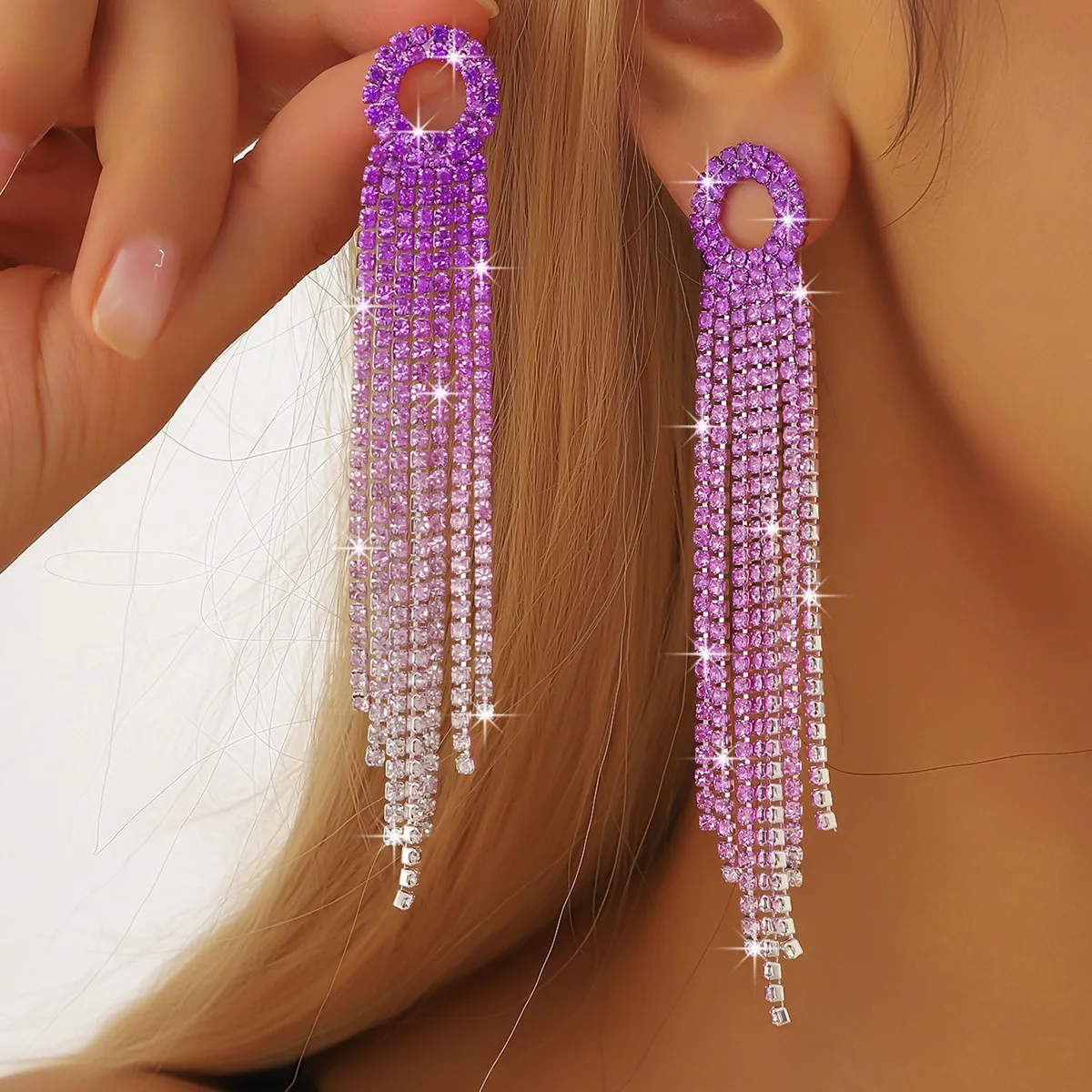Fashion Elegant Gradient Rhinestone Tassel Drop Earrings