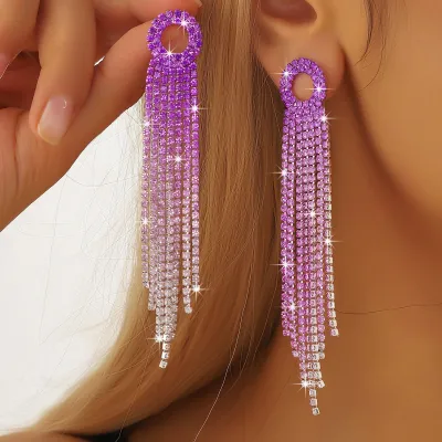 Fashion Elegant Gradient Rhinestone Tassel Drop Earrings