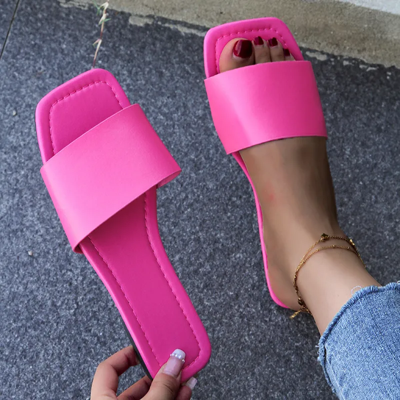 Women Casual Solid Color Square Toe Flat Slippers Plus Size