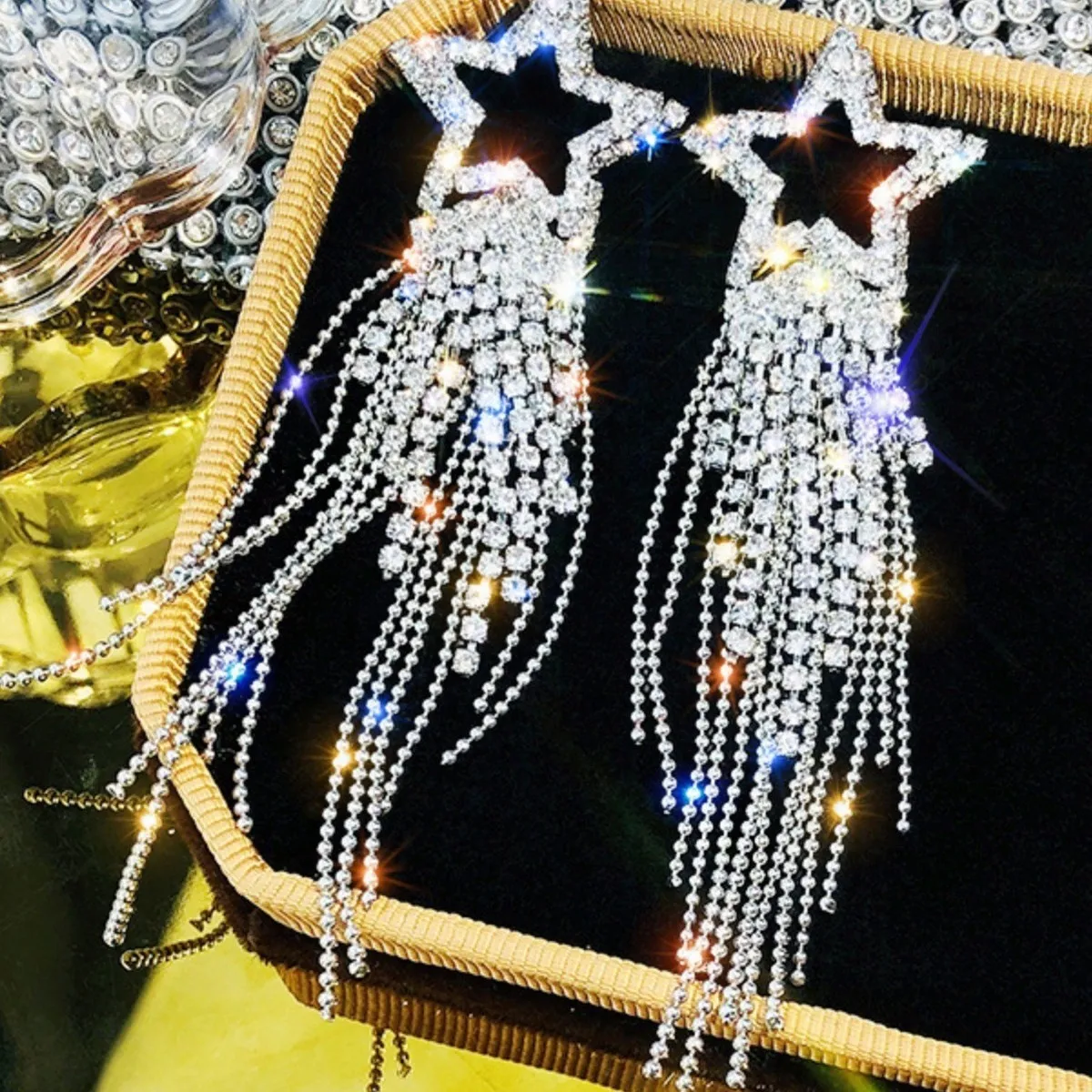 Fashion Exaggerated Five-Pointed Star Rhinestone Tassel Earrings