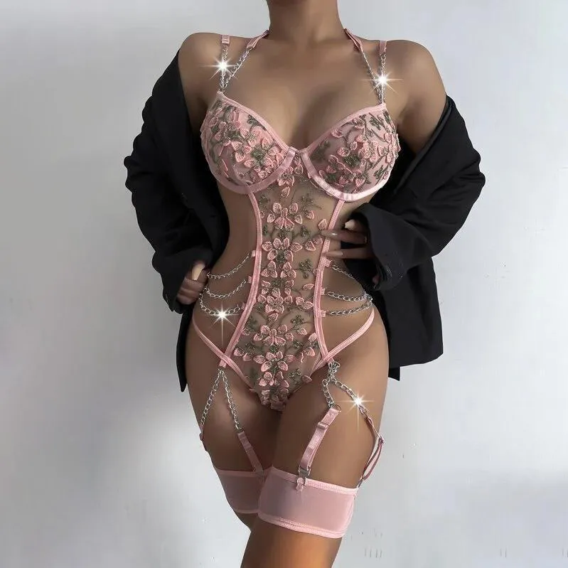 Women Lace Embroidered One-Piece With Leg Loop Sexy Lingerie Bra Set