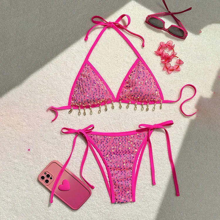 Women Fashion Sexy Sequin Shell Pendant Halter-Neck Lace-Up Bikini Swimsuit