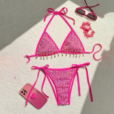 Women Fashion Sexy Sequin Shell Pendant Halter-Neck Lace-Up Bikini Swimsuit