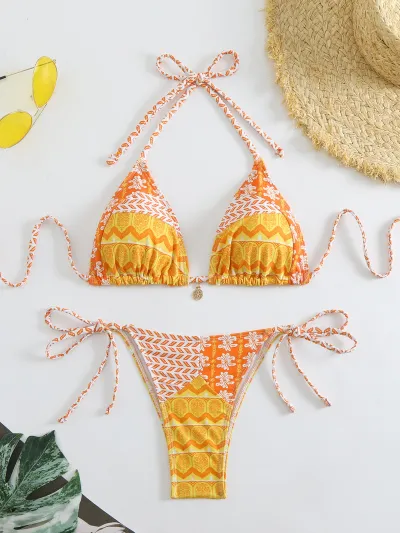 Women Fashion Sexy Geometric Print Halter-Neck Lace-Up Bikini Swimsuit