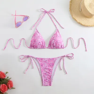 Women Fashion Sexy Geometric Print Halter-Neck Lace-Up Bikini Swimsuit