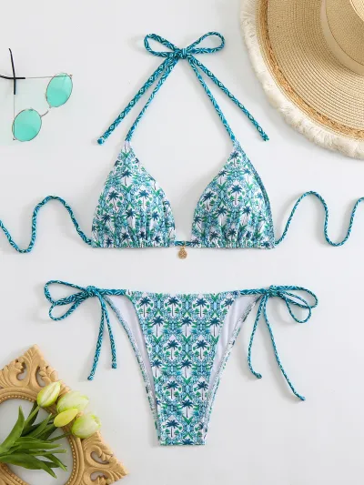 Women Fashion Sexy Geometric Print Halter-Neck Lace-Up Bikini Swimsuit
