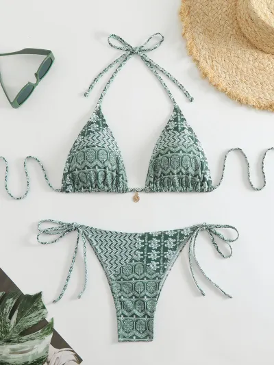 Women Fashion Sexy Geometric Print Halter-Neck Lace-Up Bikini Swimsuit