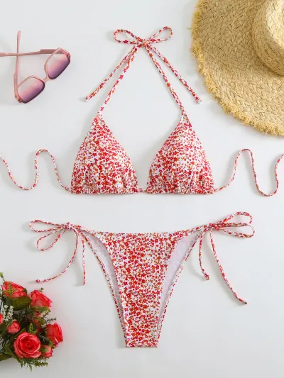 Women Fashion Sexy Geometric Print Halter-Neck Lace-Up Bikini Swimsuit