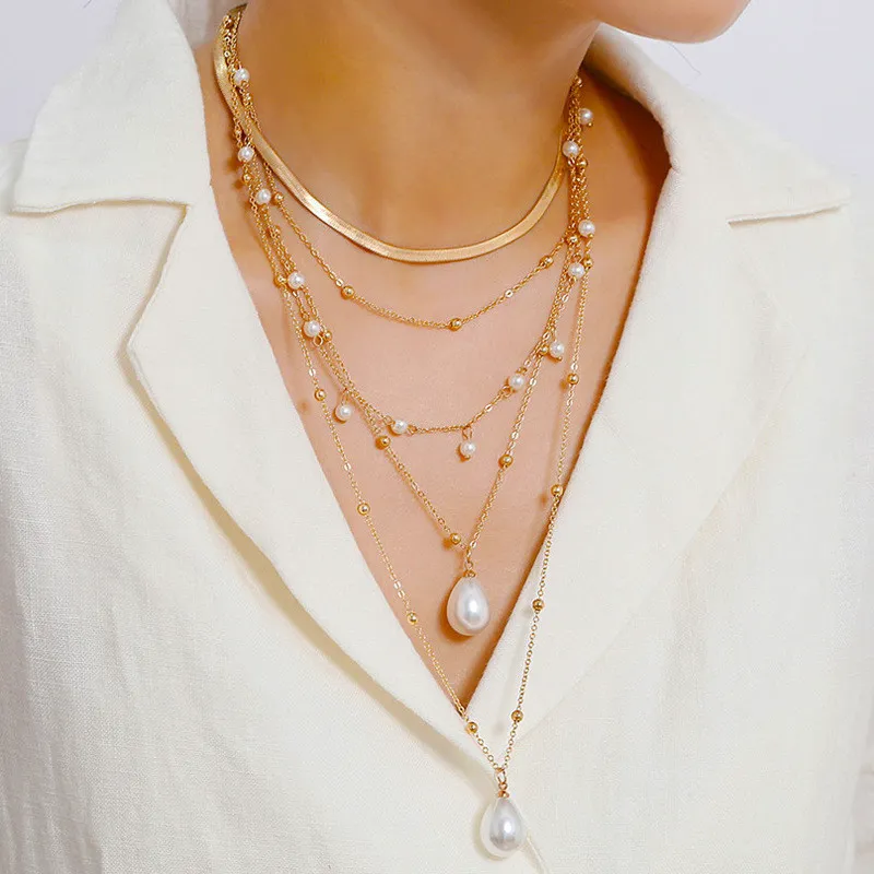 Women Fashion Elegant Pearl Multi-Layer Zinc Alloy Chain Necklace
