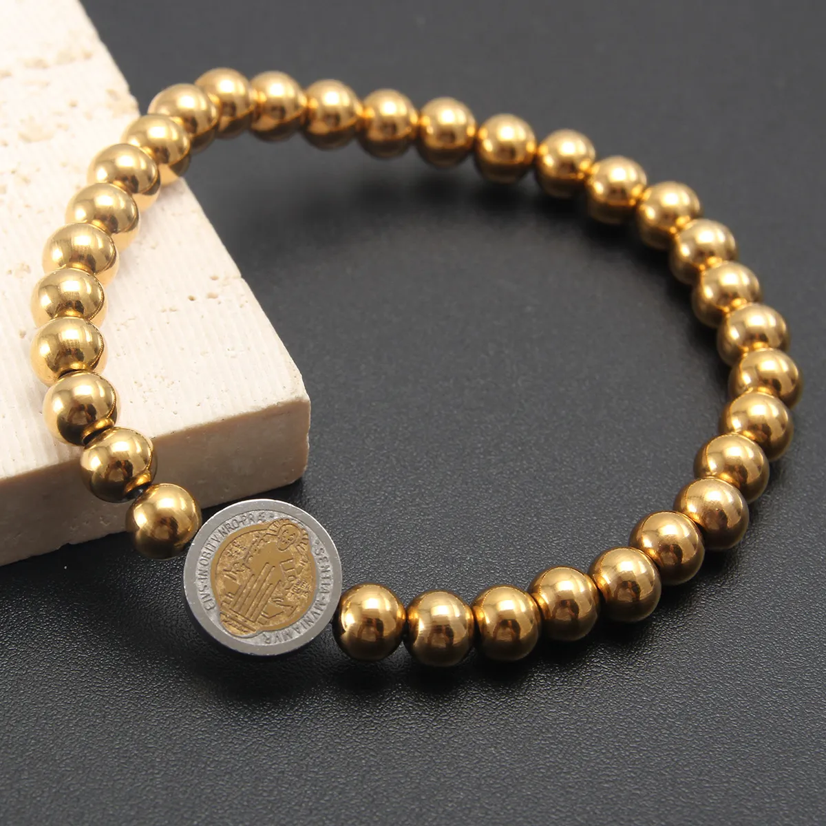 Fashion Simple Retro Beaded Bracelet Unisex Geometry Stainless Steel Religion