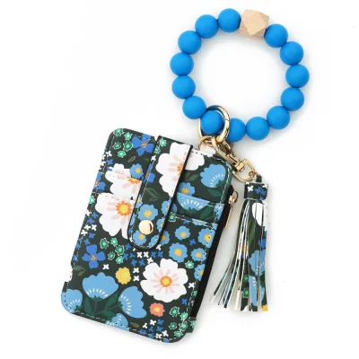 Fashion Creative Silicone Bracelet Floral Printed Pu Leather Card Bag Keychain