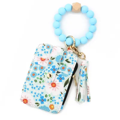 Fashion Creative Silicone Bracelet Floral Printed Pu Leather Card Bag Keychain