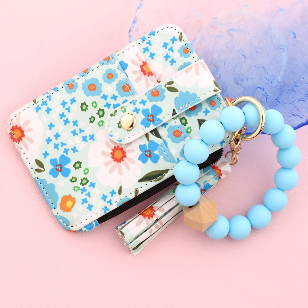 Fashion Creative Silicone Bracelet Floral Printed Pu Leather Card Bag Keychain