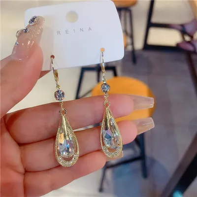 Fashion Water Drop Rhinestone 925 Silver Earrings