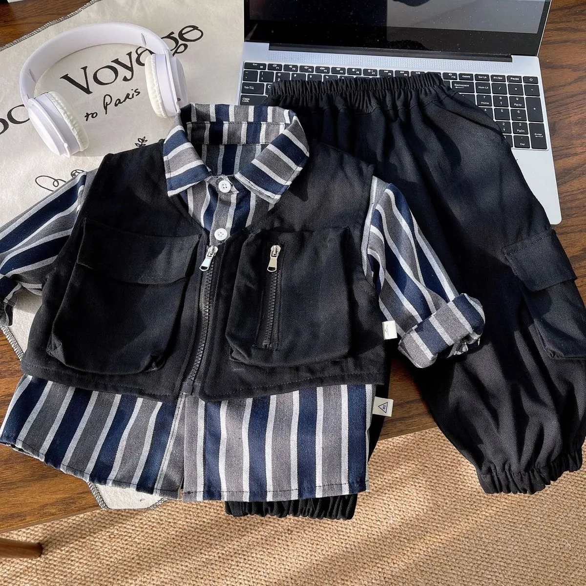 Boys Stripe Three-Piece Set Shirt Vest Pants Outfit