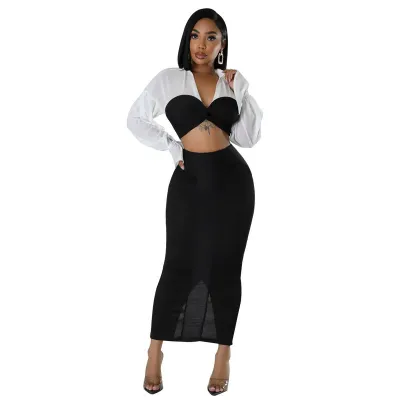 Women Casual Color Block Lapel Long-Sleeved Crop Top Slim Fit Skirt Two-Piece Set