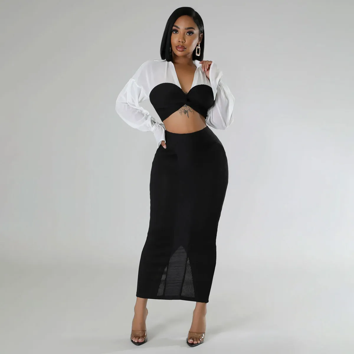 Women Casual Color Block Lapel Long-Sleeved Crop Top Slim Fit Skirt Two-Piece Set