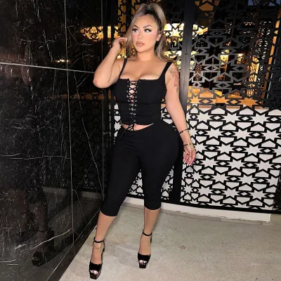 Women Casual Solid Color Lace-Up Tank Top Tight Pants Two-Piece Set