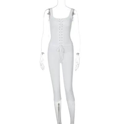 Women Casual Solid Color Lace-Up Tank Top Tight Pants Two-Piece Set