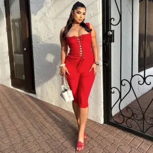 Women Casual Solid Color Lace-Up Tank Top Tight Pants Two-Piece Set