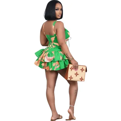 Women Casual Floral Printed Zipper Tank Top Ruffled Shorts Two-Piece Set